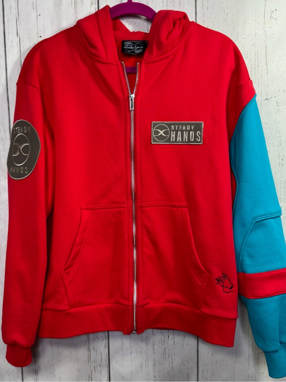 Steady Hands Red Colorblock Full Zip Hoodie Embroidered Streetwear Y2K Skate XXS
